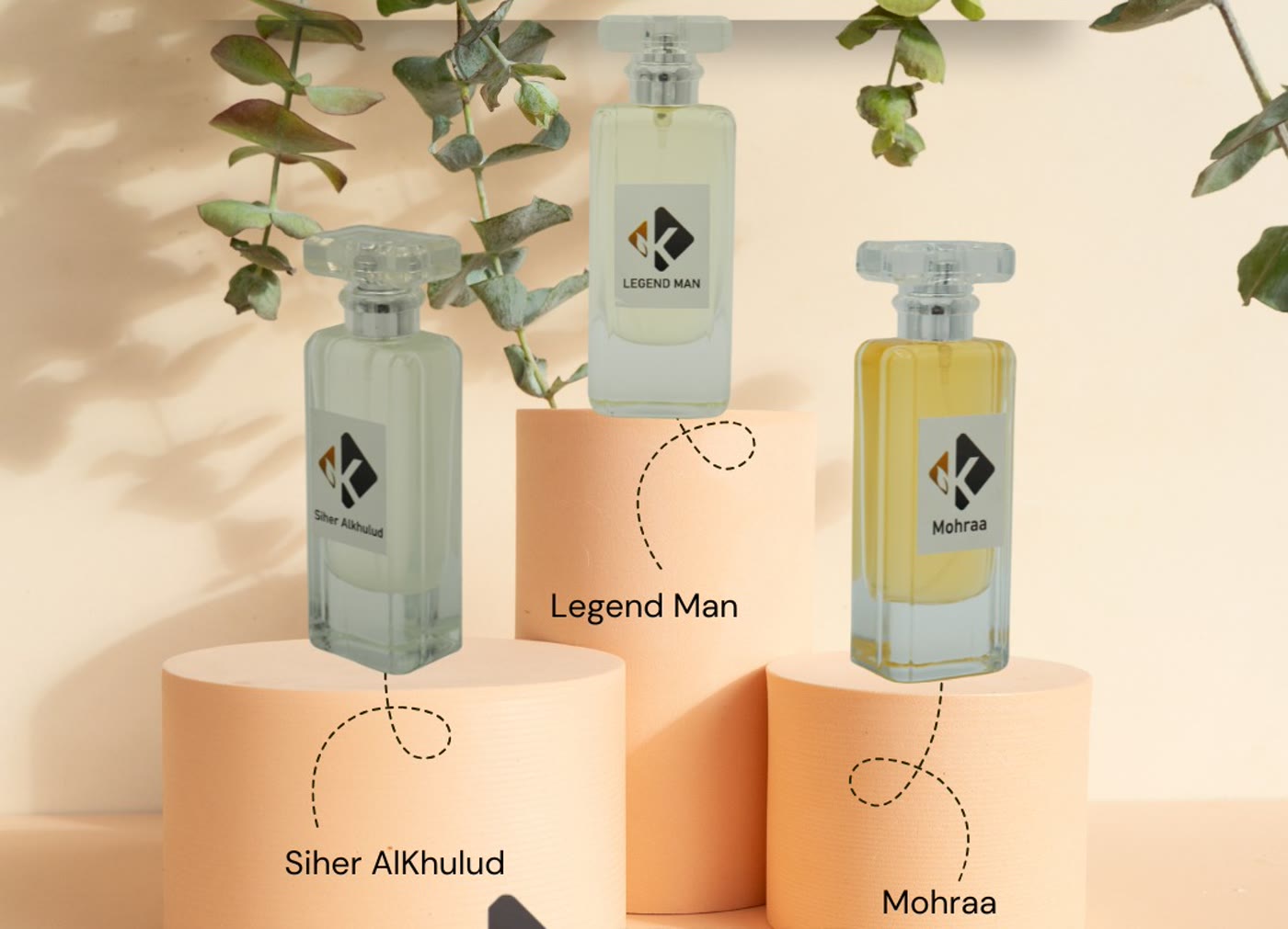 Legend Man, Siher Alkhulud and Mohraa on peach podiums beside eucalyptus